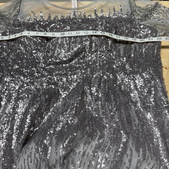 Mac Duggal Silver Jewel Encrusted Illusion Long Sleeve A Line Gown Size 18 *FLAW - Picture 8 of 12